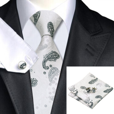 

N-0214 Vogue Men Silk Tie Set Whites Paisley Necktie Handkerchief Cufflinks Set Ties For Men Formal Wedding Business wholesale