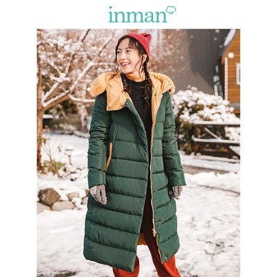 

INMAN 2018 winter new hooded fur collar fresh literary warm long down jacket female 1884121002 dark green XL