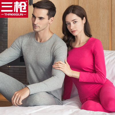 

Three gun cotton Lycra men&women thermal underwear set Shu skin soft cotton Lycra round neck Slim men&women Qiuyi Qiuku set mens light gray 3XL