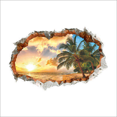 

Large Palm Tree Beach Sunset 3D View Removable Wall Decals Sticker Home decor