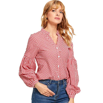 

Autumn V collar Lantern Sleeve long sleeve checked shirt female