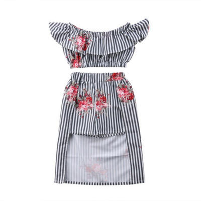 

US Striped Girls Off-shoulder T-shirt Pants Peacock Skirt Dress Clothes Outfits