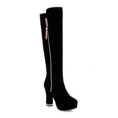 

IDIFU Womens Elegant Faux Suede Rhinestone Round Toe High Chunky Heel Platform Knee High Long Boots with Side Zipper