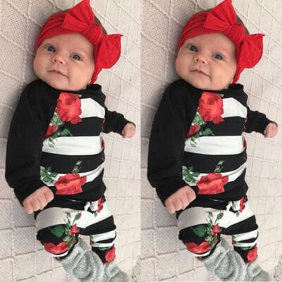 

USA Newborn Baby Girls Flower T-shirt Tops LeggingsHeadband Outfit Set Clothes