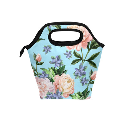 

Pink Flower Lunch Bag Tote Travel Picnic Insulated Handbags Portable Zipper Lunch Bag Box