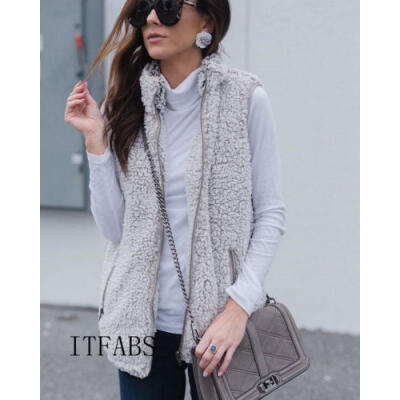 

Women Vest Winter Warm Outwear Casual Faux Fur Zip Up Sherpa Jacket Coat Tops