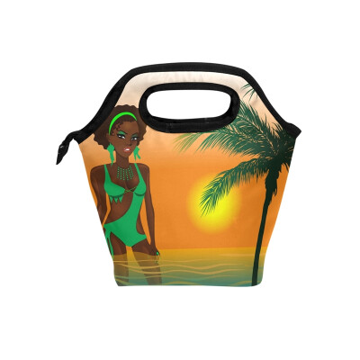 

Insulated Lunch Tote Bag African American Woman Travel Picnic Lunch Handbags Portable Zipper Lunch Bag Box