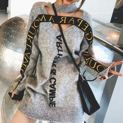 

Autumn&winter European station letters ribbon V hollow sweater women long sleeves casual wear bottom knitted sweaters on both