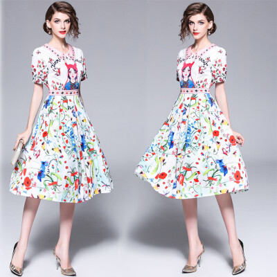 

DFYOP Lapel short sleeve cartoon girl character print long dress