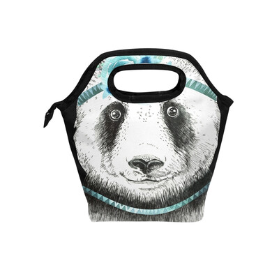 

Lunch Bag Floral Blue Panda Tote Travel Picnic Insulated Handbags Portable Zipper Lunch Bag Box