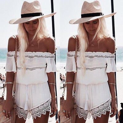 

Womens Sexy Lace Playsuit Summer Beach Ladies Shorts Dress Jumpsuit Size 6-14