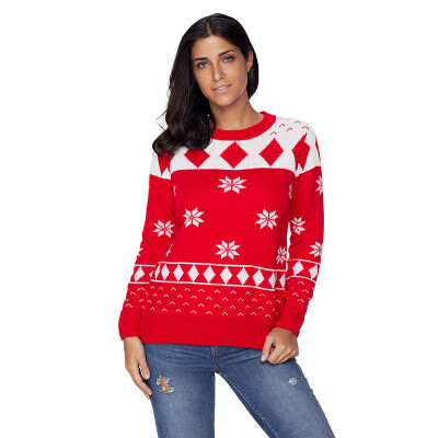 

PREISEI Autumn Winter Casual Geometric Print Charistmas Sweater O-Neck Long Sleeve Knitted Pullover Women PR27787