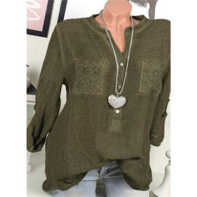 

UK Women longSleeve Baggy Cotton Linen Casual Shirt pocket Tops Blouse Plus Size