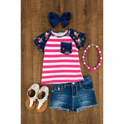

Canis Toddler Kid Baby Girl Striped Tops T-shirt Denim Pants Outfit Clothes 1-6Y