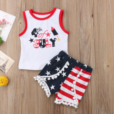 

Summer Kids Baby Girls July Fourth Tops Vest T shirt Pants Shorts Outfits Set