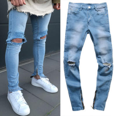 

Men Slim Moto Biker Denim Jeans Skinny Frayed Pants Distressed Rip Trourser