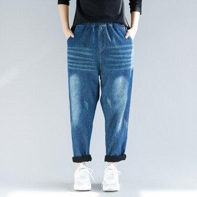 

2018 autumn&winter new slim women with fleece thickened jeans elastic waist blue jeans small feet harlan trousers women