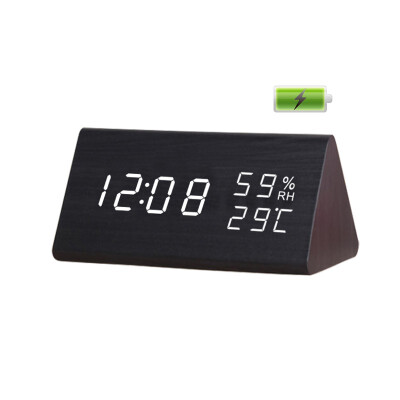 

Wood Voice Control LED Digital Alarm Clock With Storage Battery calendar USBBlack