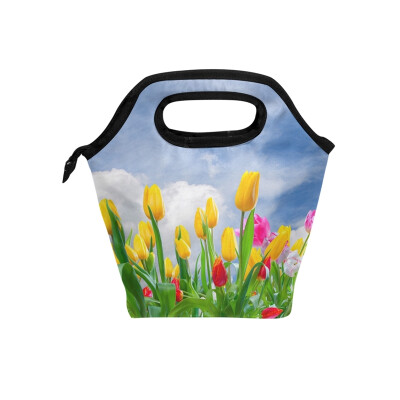 

Insulated Lunch Tote Bag Yellow Tulip Travel Picnic Lunch Handbags Portable Zipper Lunch Bag Box