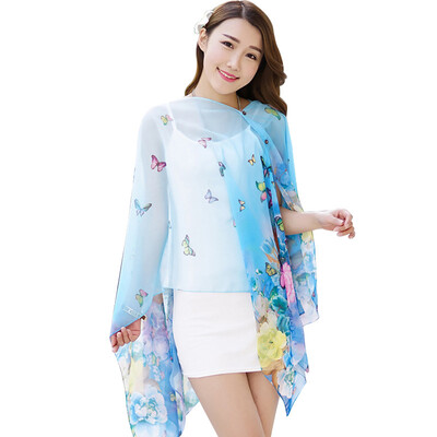 

MSEK WSJ161687 Women&39s scarf printing shawl scarf dual-use long section of the beach towel wild chiffon scarf Dielianhua blue