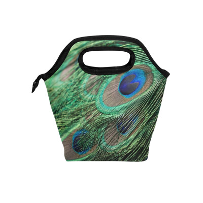 

Insulated Lunch Tote Bag Peacock Feathers Travel Picnic Lunch Handbags Portable Zipper Lunch Bag Box