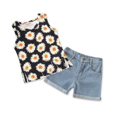 

Toddler Kids Girls Flower Sleeveless Tops Denim Shorts Jeans 2pcs Outfits