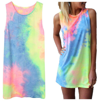 

Mymei Womens Summer Sleeveless Shiny Tie-dye Round Neck Rainbow Long Top Mini Dress