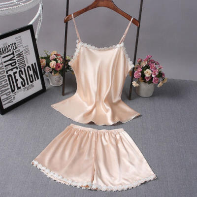 

2pcs Women Sexy Satin Lace Sleepwear Babydoll Lingerie Nightdress Pajamas Set