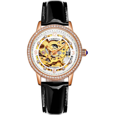 

Fashion Elegant Women Mechanical Wrist Watches Leather Watchband Automatic Clock Crystal Decoration Skeleton Dial