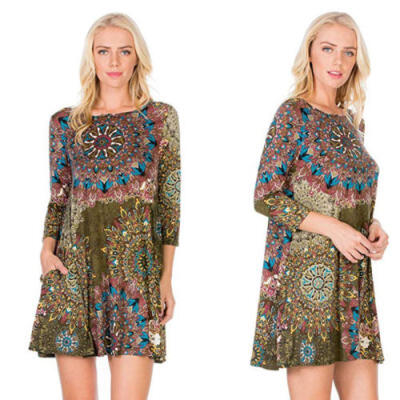 

New Seven-quarter Sleeve Pocket National Style Print Large Swing Dress 6 Colors