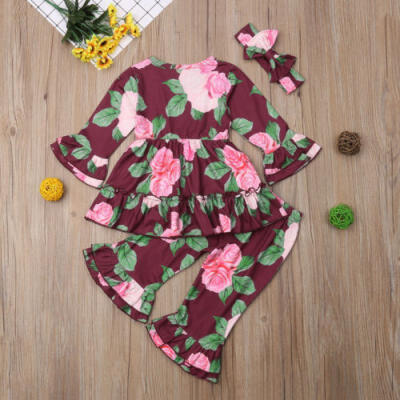 

Toddler Kids Baby Girl Floral Tops Wide Leg Pants Leggings 3Pcs Outfits Clothes