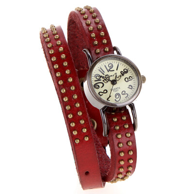 

Vintage Quartz Wrist Watch Rivets Round Bronze Wrap Strap Bracelet Genuine Cow Leather H9359