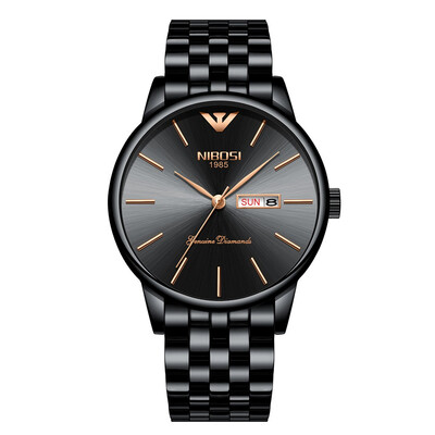 

Korean version of the gold double calendar solid steel belt watch butterfly snap depth waterproof mens watch