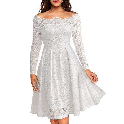 

Womens Vintage Floral Lace Long Sleeve Dress Boat Neck Cocktail Formal Swing Dress