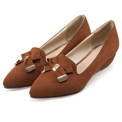 

IIDIFU Womens Comfy Bowknot Pointed Toe OL Work Shoes Low Wedge Heel Slip on Pumps