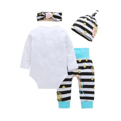 

4PCS Newborn Baby Girls Tops Romper Stripe Pants Leggings Outfit Set Clothes