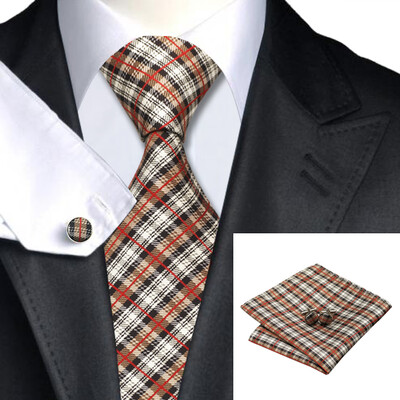 

N-0283 Vogue Men Silk Tie Set Brown Plaids & Checks Necktie Handkerchief Cufflinks Set Ties For Men Formal Wedding Business wholesale