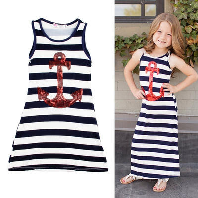 

Summer Kids Baby Girls Toddler Sleeveless Anchor Striped Long Maxi Dress 2-7Y SU