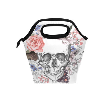 

Lunch Tote Bag Flower Skull Travel Picnic Insulated Lunch Handbags Portable Zipper Lunch Bag Box