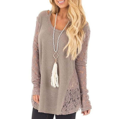 

Womens Fashion Long Sleeve Sweater O-Neck Lace Patchwork Casual Loose Sweater