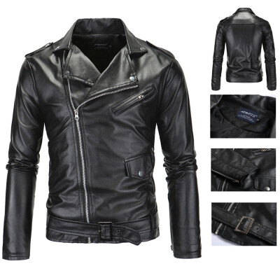 

AOWOFS mens locomotive slim casual collar collar cut diagonal zipper leather jacket JJ P09