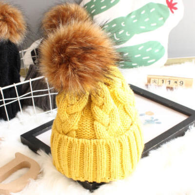 

Women Kids Baby Mom Warm Winter Knit Beanie Fur Pom Pom Hat Crochet Ski Cap