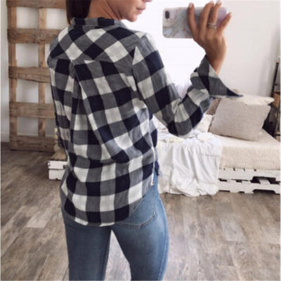 

Womens Check Shirt Long Sleeve Plaid Check Autumn Loose Sweatshirt Lapel Coat