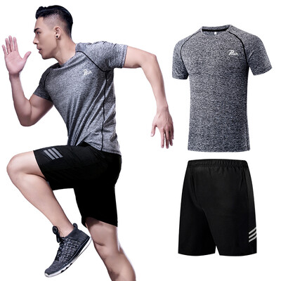 

Puwei special POVIT sports suit mens fitness clothing tight breathable moisture wicking running training gym quick-drying clothes short-sleeved shorts gray black two-piece XL code P-824