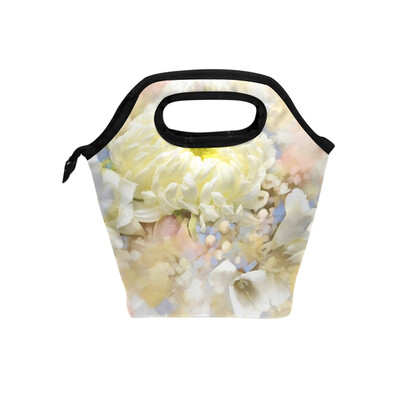

Lunch Bag White Chrysanthemum Tote Travel Picnic Insulated Handbags Portable Zipper Lunch Bag Box