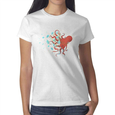 

Red Walking Octopus Art Young Women White Tshirt Cotton Leisure T-Shirts
