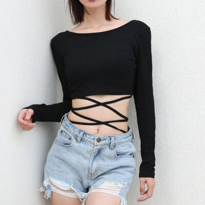 

Women Off Shoulder Backless Crop Tops Long Sleeve Ruffled Slim Shirt Tank Cami