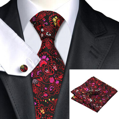 

N-0238 Vogue Men Silk Tie Set Reds Floral Prints Handkerchief Cufflinks Set Ties For Men Formal Wedding Business wholesale