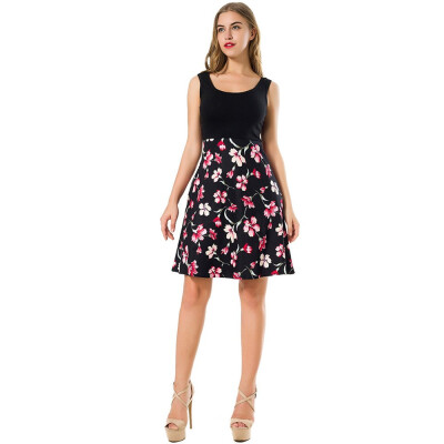 

Summer Sleeveless Floral Patterns Print High Waist Women Retro Dress