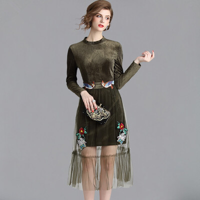 

2 piece Autumn Mesh Patchwork Embroidery Dress Women O-neck Work Casual Party Slim Dresses Vintage Vestidos